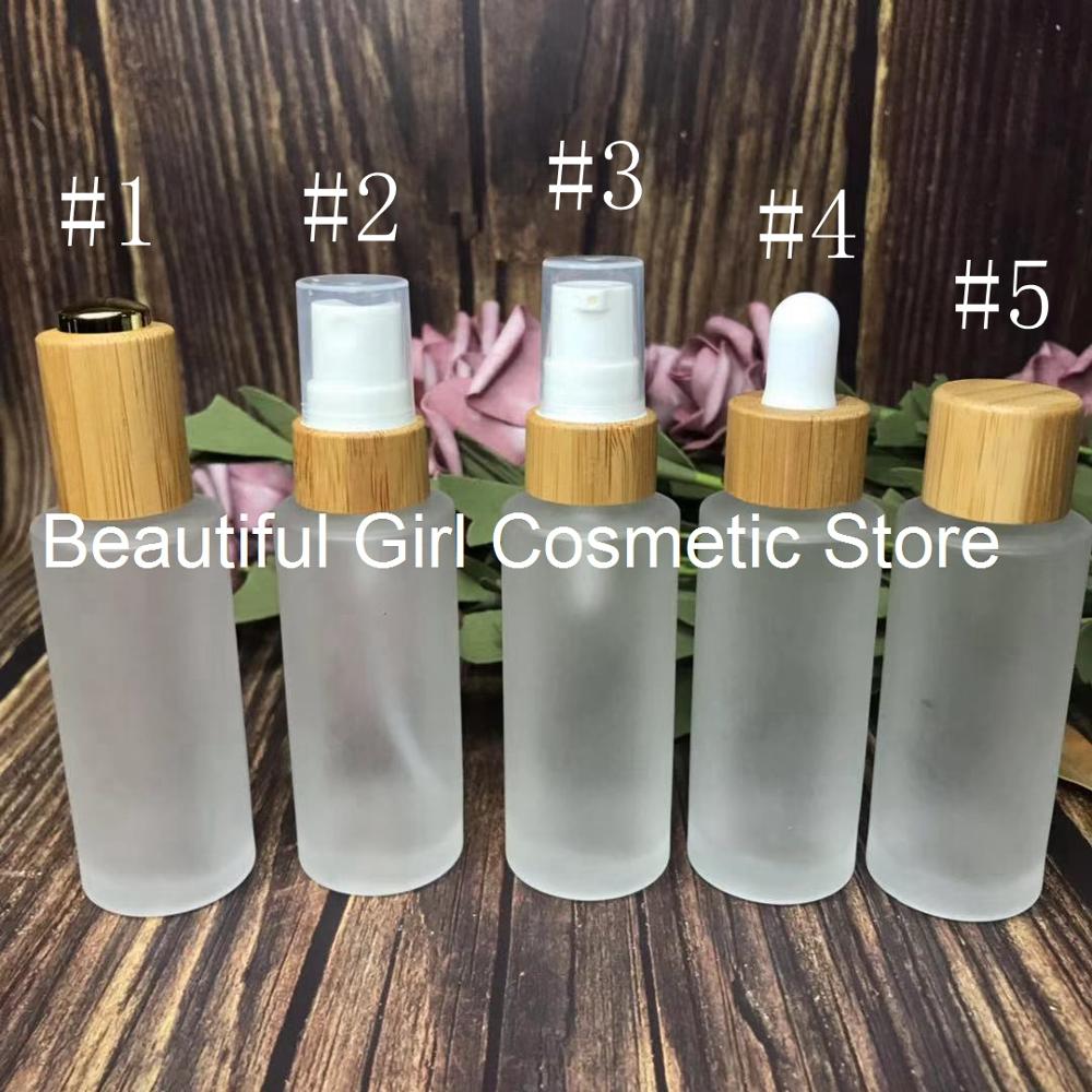 custom logo bamboo pump spray lotion cap cosmetic frosted glass bottle for skin care face cream PACKAGE